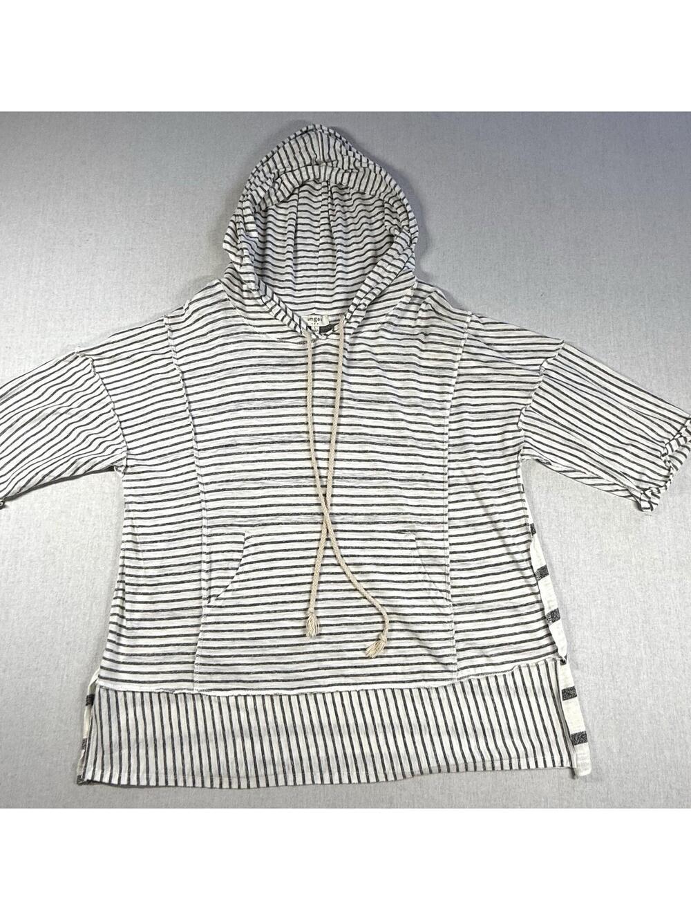 Umgee Hooded Top Sz L Gray Striped Coastal Lagenlook Oversized Pockets Beach